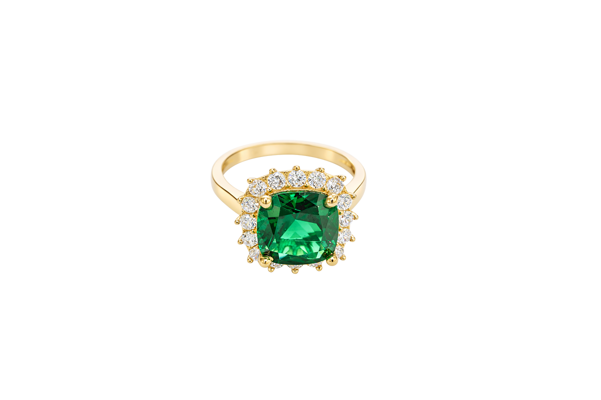 14KT Gold Ring Women's Jumbo Dark Green Square with White CZ Stones Border and Plain Bando CZ Baguettes with Single Row of Round White CZ Stones Border Band