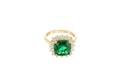 14KT Gold Ring Women's Jumbo Dark Green Square with White CZ Stones Border and Plain Bando CZ Baguettes with Single Row of Round White CZ Stones Border Band