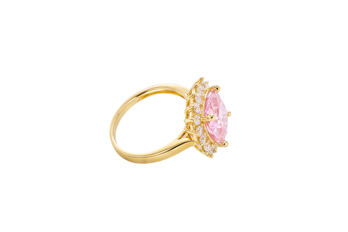 14KT Gold Women's Ring Square Jumbo Pink Center CZ Stone with Round White CZ Stones Border and Plain Band