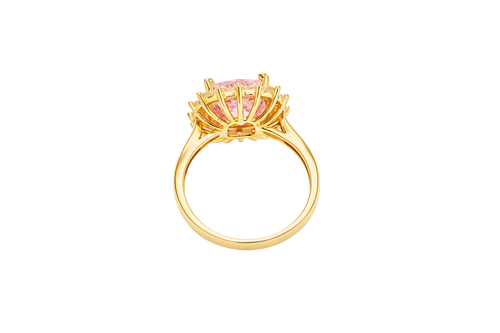 14KT Gold Women's Ring Square Jumbo Pink Center CZ Stone with Round White CZ Stones Border and Plain Band