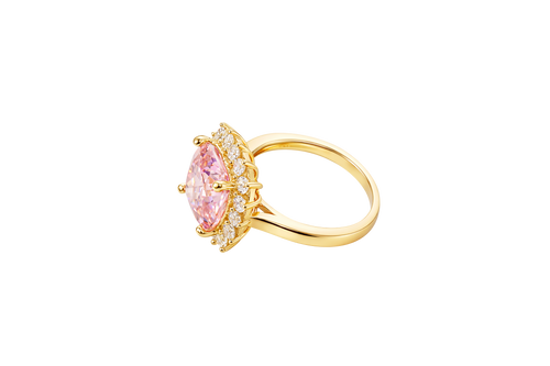 14KT Gold Women's Ring Square Jumbo Pink Center CZ Stone with Round White CZ Stones Border and Plain Band