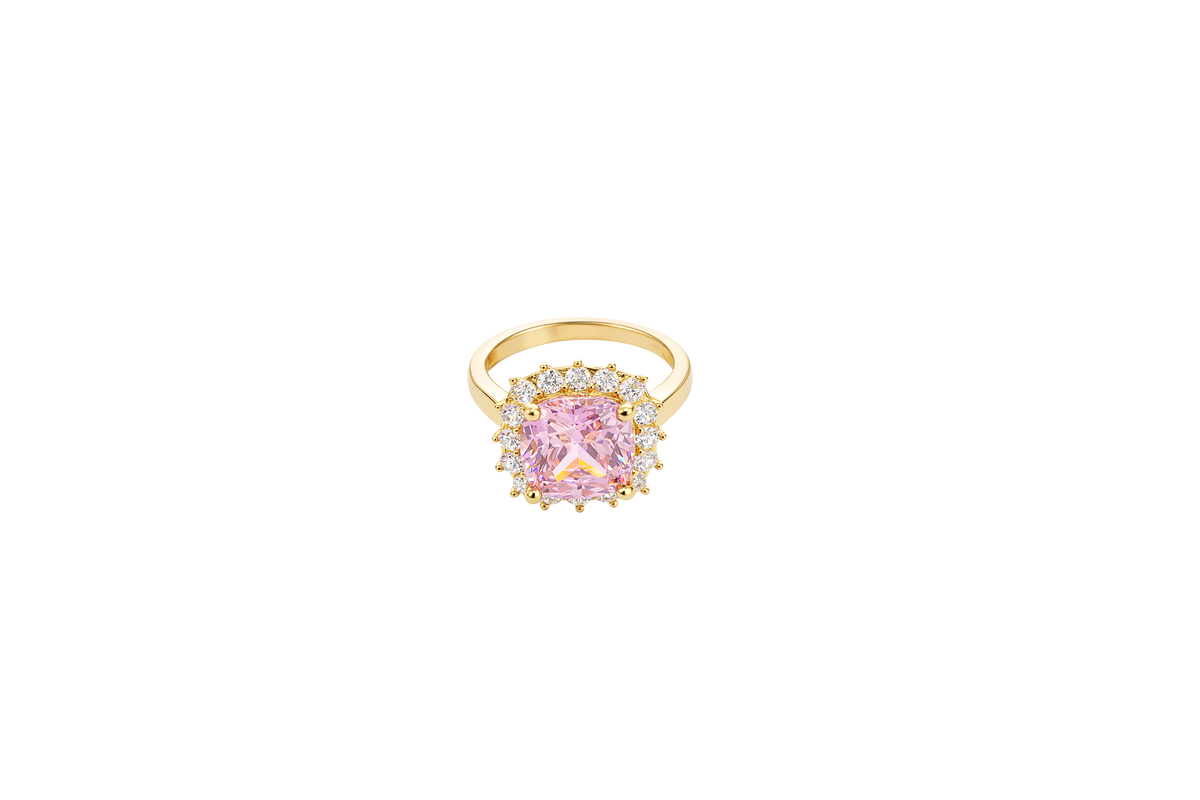 14KT Gold Women's Ring Square Jumbo Pink Center CZ Stone with Round White CZ Stones Border and Plain Band