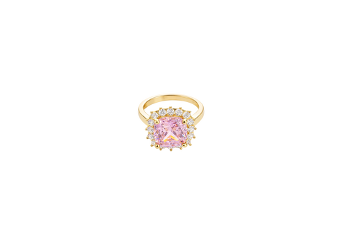 14KT Gold Women's Ring Square Jumbo Pink Center CZ Stone with Round White CZ Stones Border and Plain Band