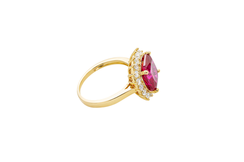 14KT Gold Women's Ring Square Jumbo Red Center CZ Stone with Round White CZ Stones Border and Plain Band