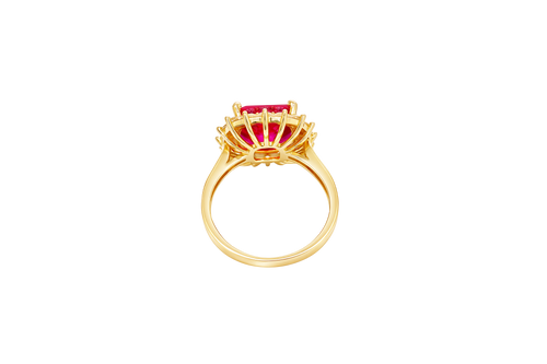 14KT Gold Women's Ring Square Jumbo Red Center CZ Stone with Round White CZ Stones Border and Plain Band