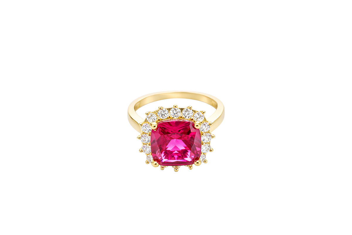 14KT Gold Women's Ring Square Jumbo Red Center CZ Stone with Round White CZ Stones Border and Plain Band