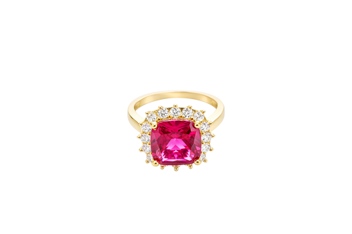 14KT Gold Women's Ring Square Jumbo Red Center CZ Stone with Round White CZ Stones Border and Plain Band
