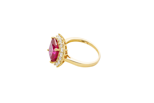 14KT Gold Women's Ring Square Jumbo Red Center CZ Stone with Round White CZ Stones Border and Plain Band