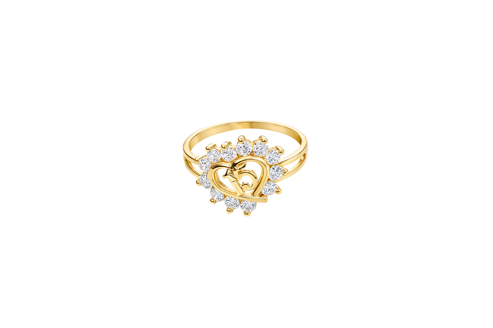 14KT Gold Ring Women's Tilted Open Heart 15 Quince with White CZ Stone Border Split Band