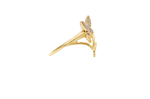 14KT Gold Ring Women's Three Tri Tone White CZ Butterfly Shapes Plain Split Bypass Band