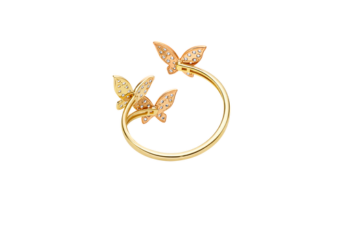 14KT Gold Ring Women's Three Tri Tone White CZ Butterfly Shapes Plain Split Bypass Band