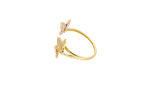 14KT Gold Ring Women's Three Tri Tone White CZ Butterfly Shapes Plain Split Bypass Band