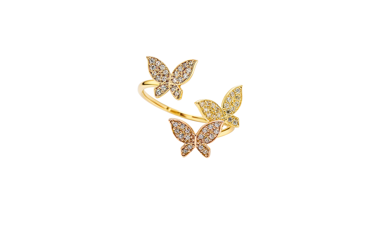 14KT Gold Ring Women's Three Tri Tone White CZ Butterfly Shapes Plain Split Bypass Band