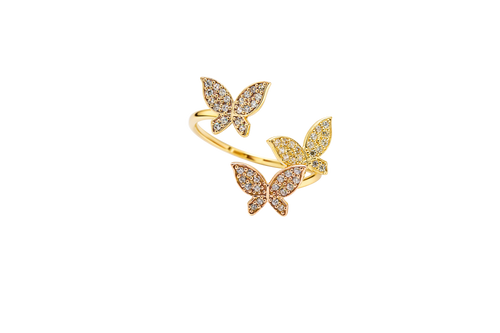 14KT Gold Ring Women's Three Tri Tone White CZ Butterfly Shapes Plain Split Bypass Band