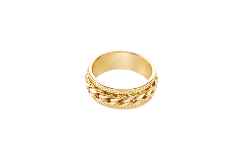 14KT Gold Ring Men's Band Mini Cuban Link Spinner Greek Border