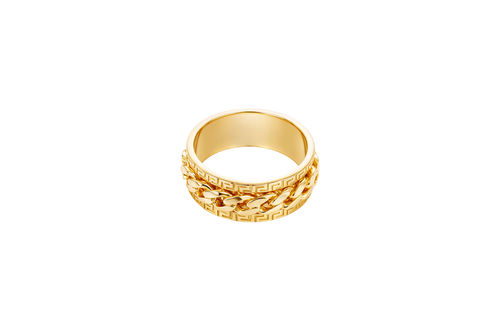 14KT Gold Ring Men's Band Mini Cuban Link Spinner Greek Border