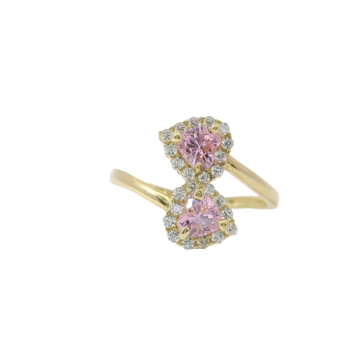 14KT Gold Ring Women's Pink CZ Stone Hearts with White CZ Stone Borders Bypass Band
