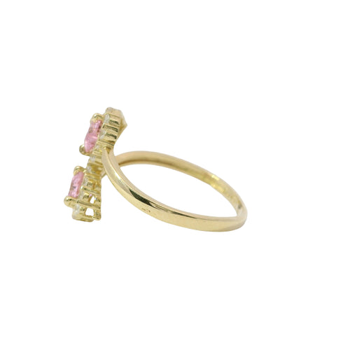 14KT Gold Ring Women's Pink CZ Stone Hearts with White CZ Stone Borders Bypass Band