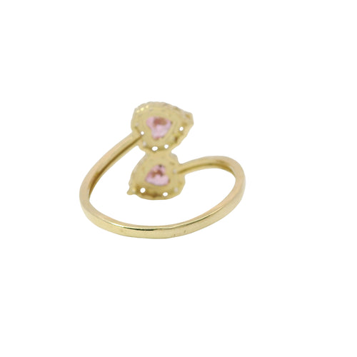 14KT Gold Ring Women's Pink CZ Stone Hearts with White CZ Stone Borders Bypass Band
