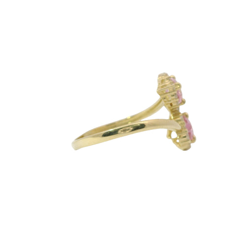 14KT Gold Ring Women's Pink CZ Stone Hearts with White CZ Stone Borders Bypass Band