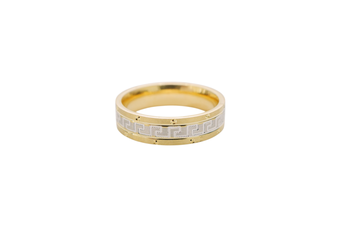 14KT Gold Ring Unisex Solid Flat Two Tone Greek White Gold Center with Designer Screw Border 6mm