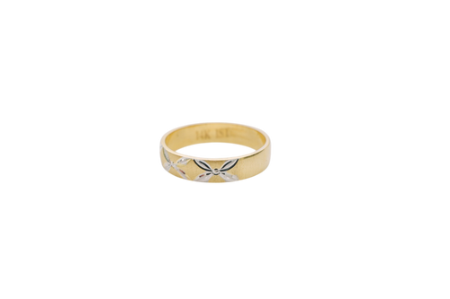 14KT Gold Ring Unisex Solid Six Two Tone 4 Petal Etched Flowers