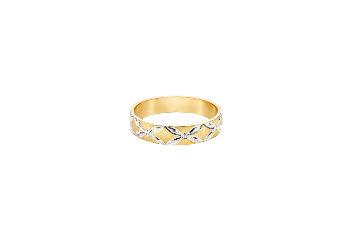 14KT Gold Ring Unisex Solid Six Two Tone 4 Petal Etched Flowers