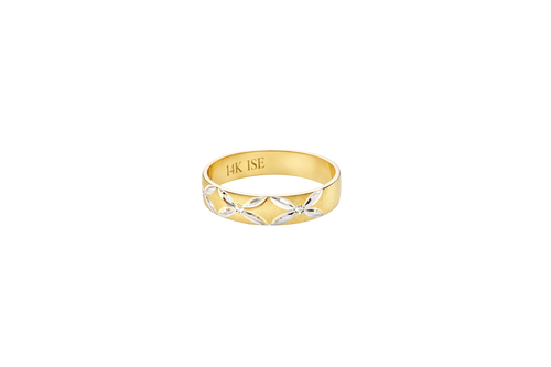 14KT Gold Ring Unisex Solid Six Two Tone 4 Petal Etched Flowers