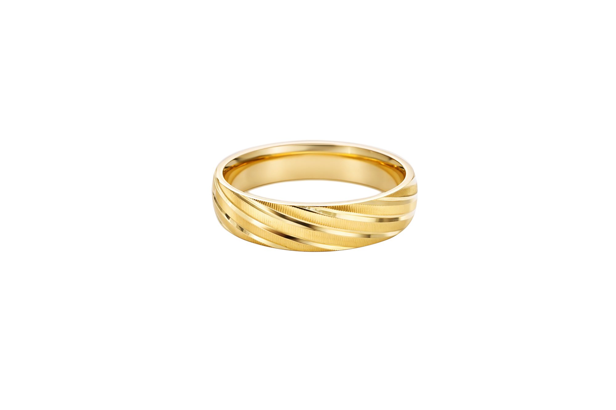 14KT Gold Ring Unisex Solid Domed Diagonal Plain Matt / Glossy Etched Twisted Stripes Band 6mm