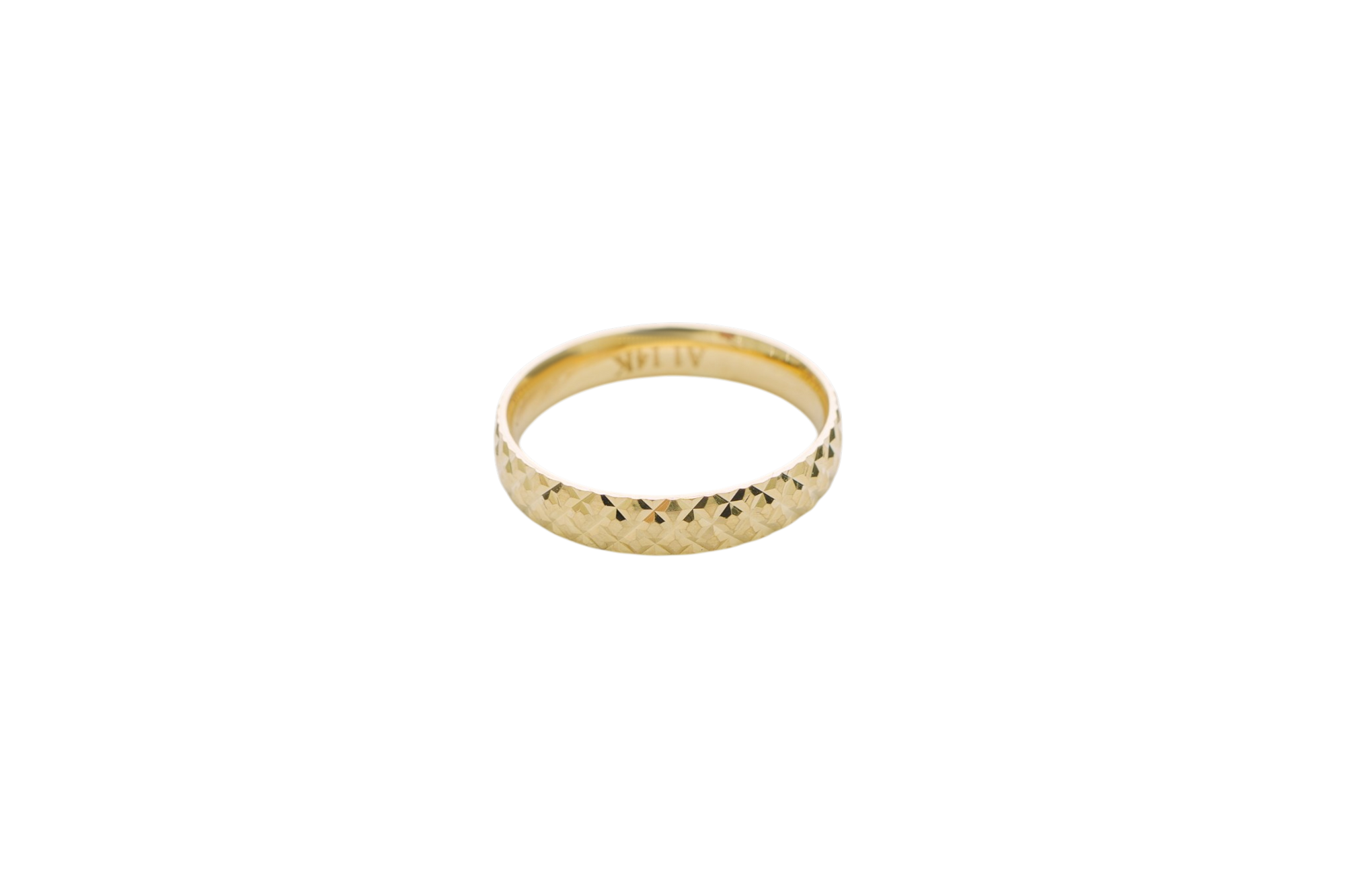 14KT Gold Ring Unisex Solid Domed Diamond Cut Pineapple Print Band with Plain Polished Border 4mm