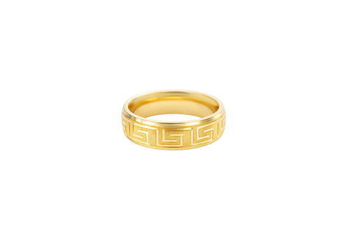 14KT Gold Ring Unisex Solid Etched Matt Greek Center Design with Plain Borders