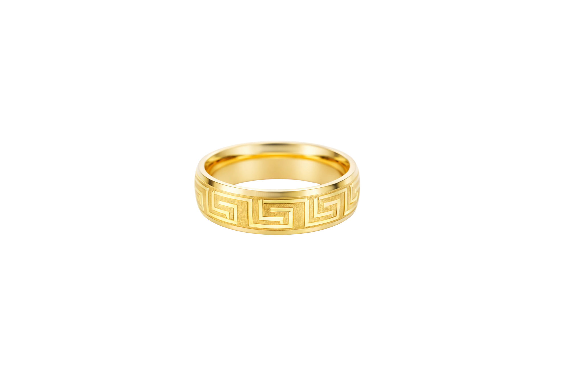 14KT Gold Ring Unisex Solid Etched Matt Greek Center Design with Plain Borders