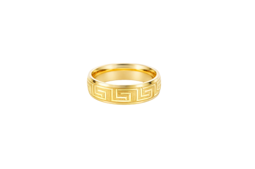 14KT Gold Ring Unisex Solid Etched Matt Greek Center Design with Plain Borders