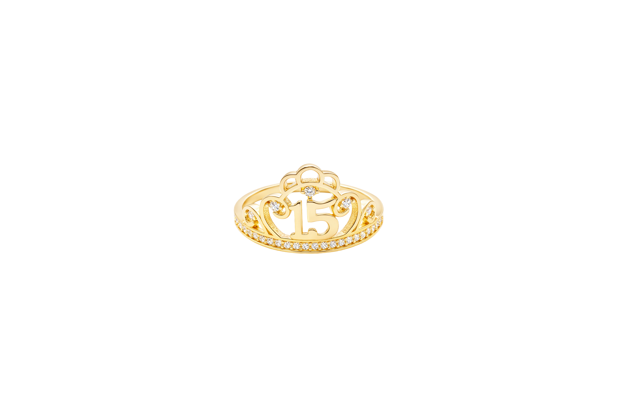 14KT Gold Ring Women's Quinceanera Tiara "15" Five Round White CZ Stones and White CZ Stones Band