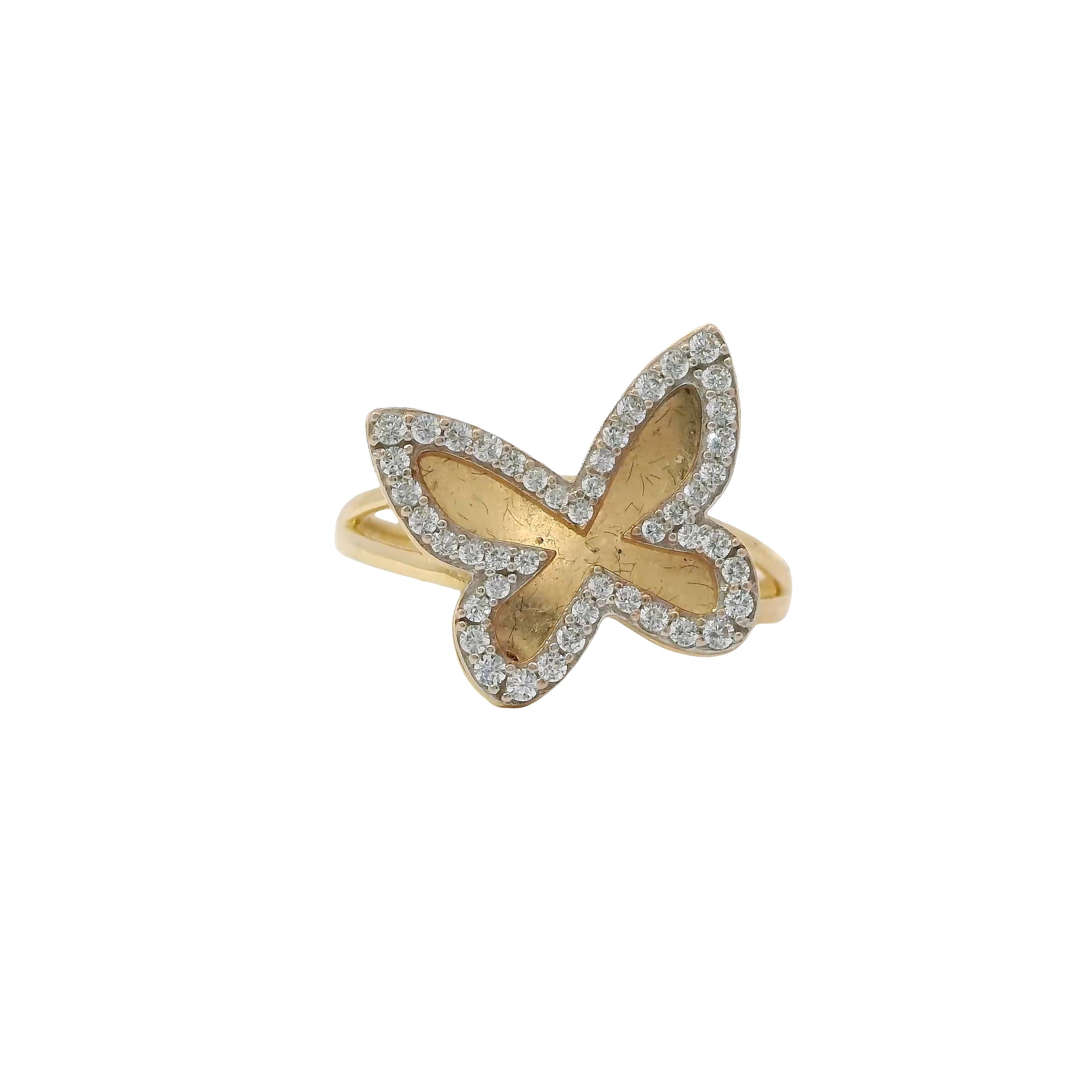 14KT Gold Ring Women's Two Tone Butterfly Shape with White CZ Stones Outline and Plain Split Band