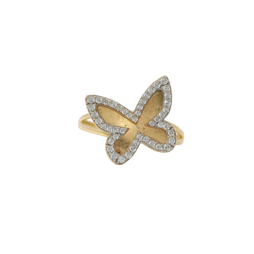 14KT Gold Ring Women's Two Tone Butterfly Shape with White CZ Stones Outline and Plain Split Band