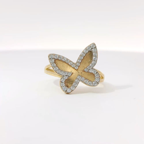 14KT Gold Ring Women's Two Tone Butterfly Shape with White CZ Stones Outline and Plain Split Band