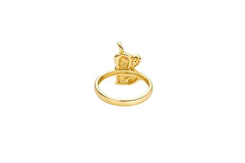14KT Gold Ring Women's Two Tone Elephant White CZ Stones Ear Dark Pink CZ Stone Eye Plain Band