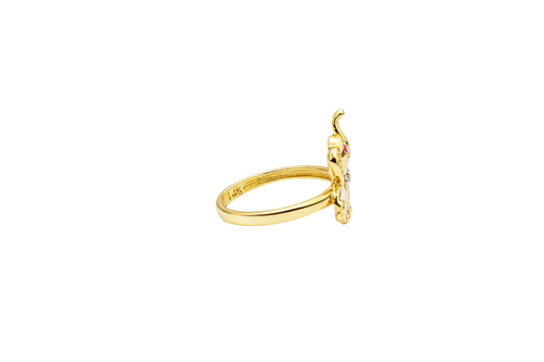 14KT Gold Ring Women's Two Tone Elephant White CZ Stones Ear Dark Pink CZ Stone Eye Plain Band