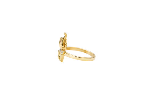 14KT Gold Ring Women's Two Tone Elephant White CZ Stones Ear Dark Pink CZ Stone Eye Plain Band