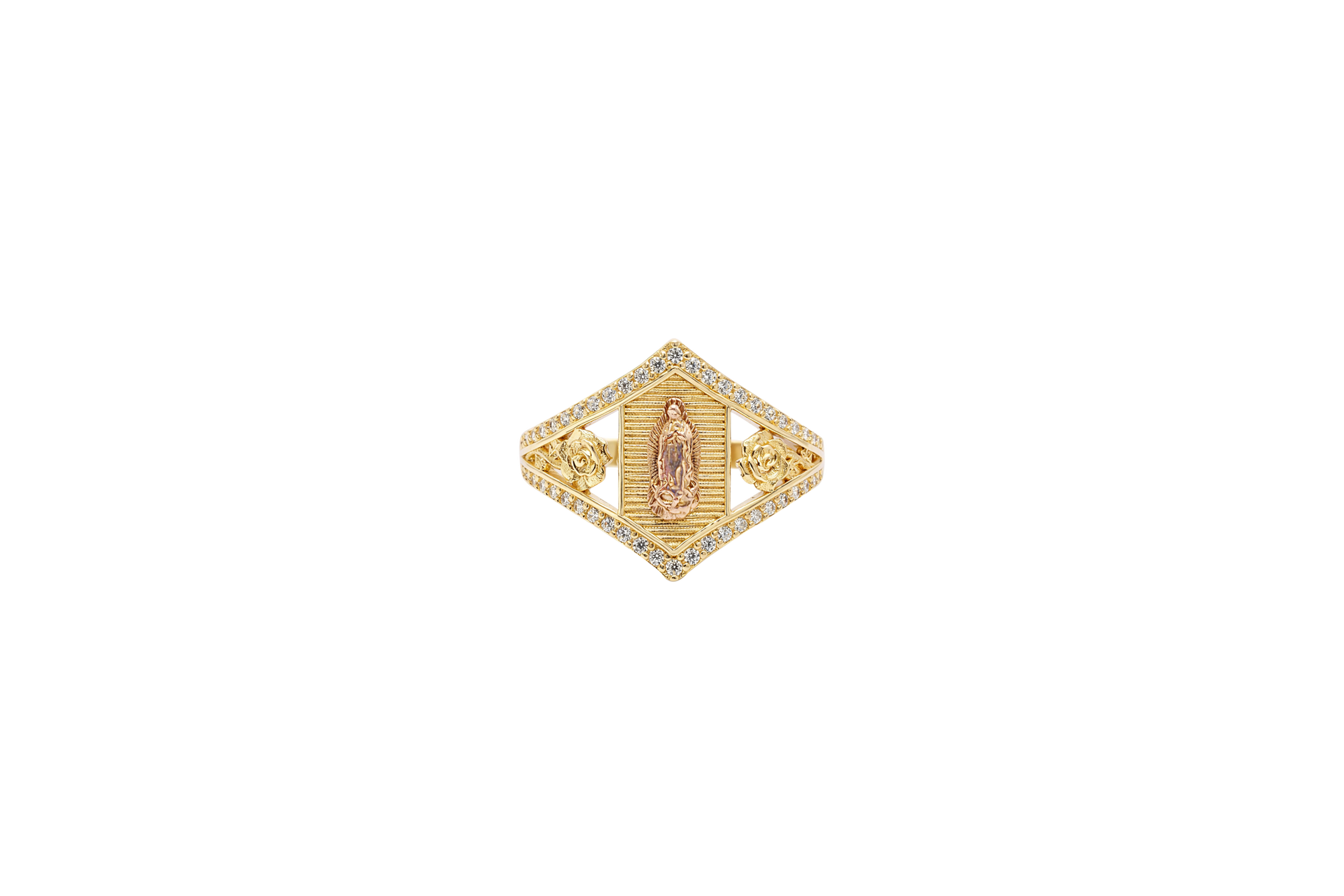 14KT Gold Ring Women's Two Tone Hexagon Coin Virgin Mary with Striped Background with Two Roses Between White CZ Stone Split Band Pointy Border