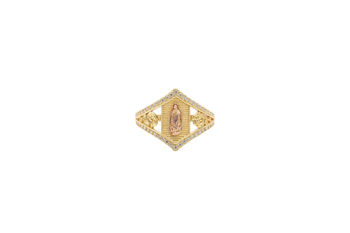 14KT Gold Ring Women's Two Tone Hexagon Coin Virgin Mary with Striped Background with Two Roses Between White CZ Stone Split Band Pointy Border