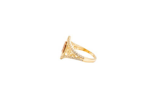 14KT Gold Ring Women's Two Tone Hexagon Coin Virgin Mary with Striped Background with Two Roses Between White CZ Stone Split Band Pointy Border