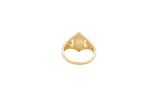 14KT Gold Ring Women's Two Tone Hexagon Coin Virgin Mary with Striped Background with Two Roses Between White CZ Stone Split Band Pointy Border