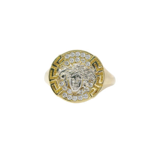 14KT Gold Ring Women's Two Tone Round Medusa Head Center with White CZ Stones Background and Greek Border on Each Side Plain Band