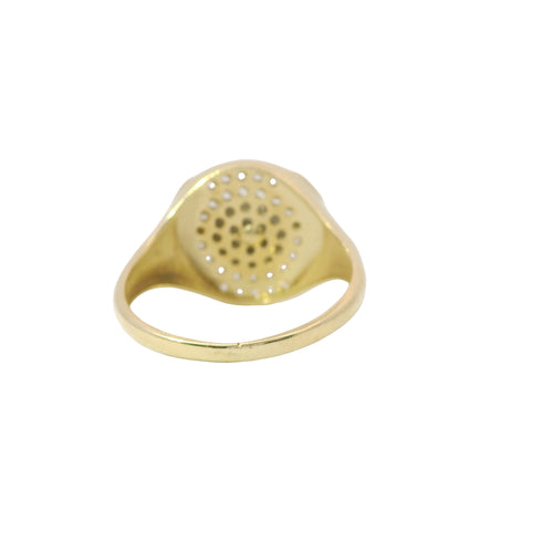 14KT Gold Ring Women's Two Tone Round Medusa Head Center with White CZ Stones Background and Greek Border on Each Side Plain Band