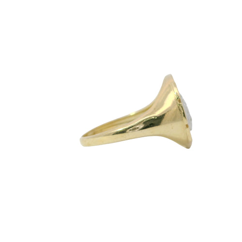 14KT Gold Ring Women's Two Tone Round Medusa Head Center with White CZ Stones Background and Greek Border on Each Side Plain Band