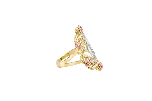 14KT Gold Ring Women's Tri Tone Roses St Jude Spilt Band