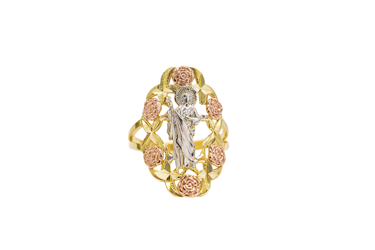 14KT Gold Ring Women's Tri Tone Roses St Jude Spilt Band