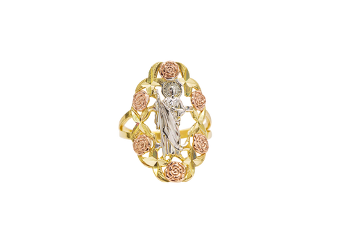 14KT Gold Ring Women's Tri Tone Roses St Jude Spilt Band